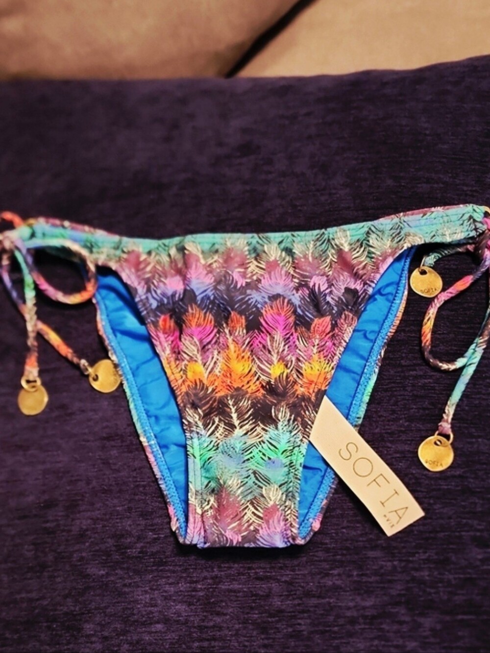 NEW! SOFIA by ViX Multicolor Tropical Print Bikini Bottoms with Gold Charm